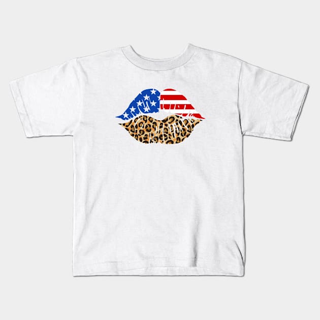 USA Flag Leopard Print Lips 4th of July Kids T-Shirt by figandlilyco